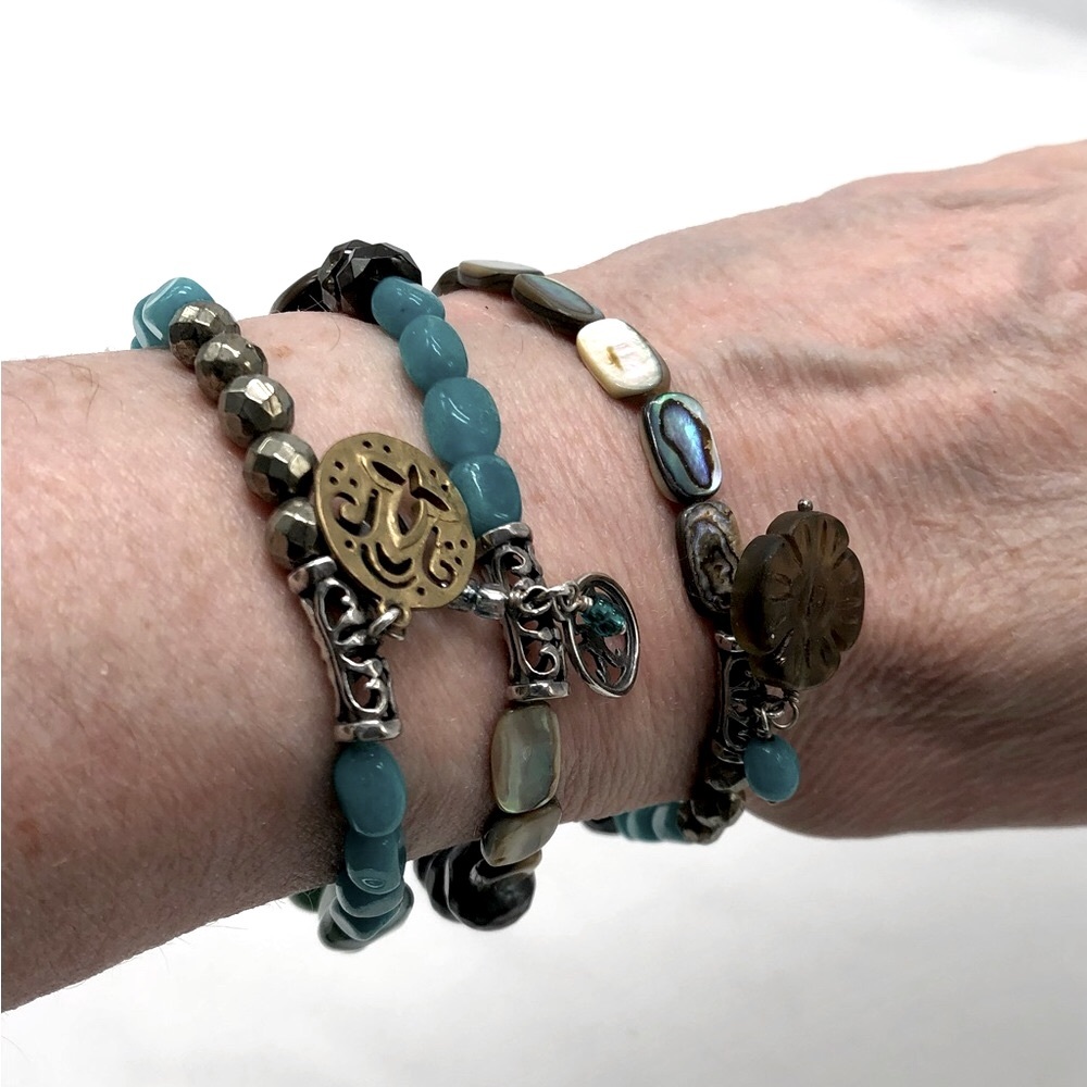 3 Teal Blue/Green Silpada Smokey Quartz Elastic Stretch Bead Bracelets - Picture 6 of 9